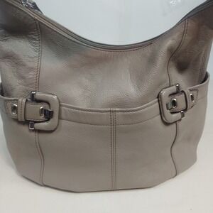 Leather Hobo Shoulder‎ Bag Designer Style Buckle Detail Taupe